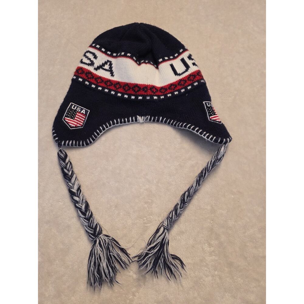 USA Winter Knit Beanie With Pom - Ski Cap, Peruvian Hat With Ear Flaps and...